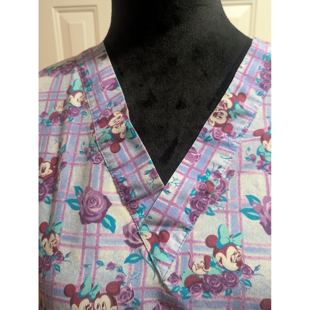 Disney Mickey Minnie Mouse Floral Plaid Scrub Top Purple V-Neck Large DW1470 - Picture 3 of 7